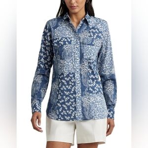 LRL Ralph Lauren Button Shirt Womens 1X Blue Patchwork Floral Voile Classic Fit